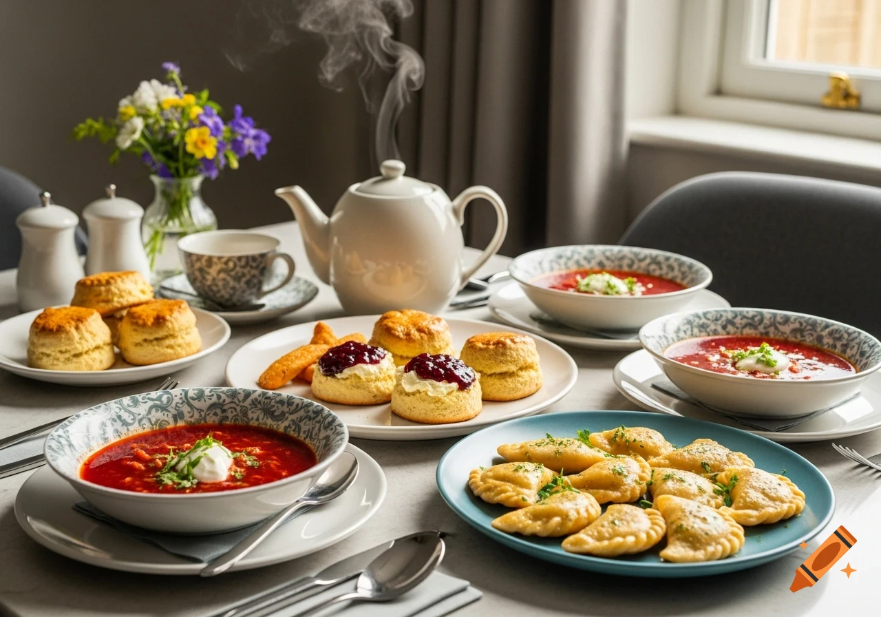 A modern UK dining table laden with Ukrainian borscht and varenyky, British scones with jam and cream, and a teapot with steam, in warm light.
