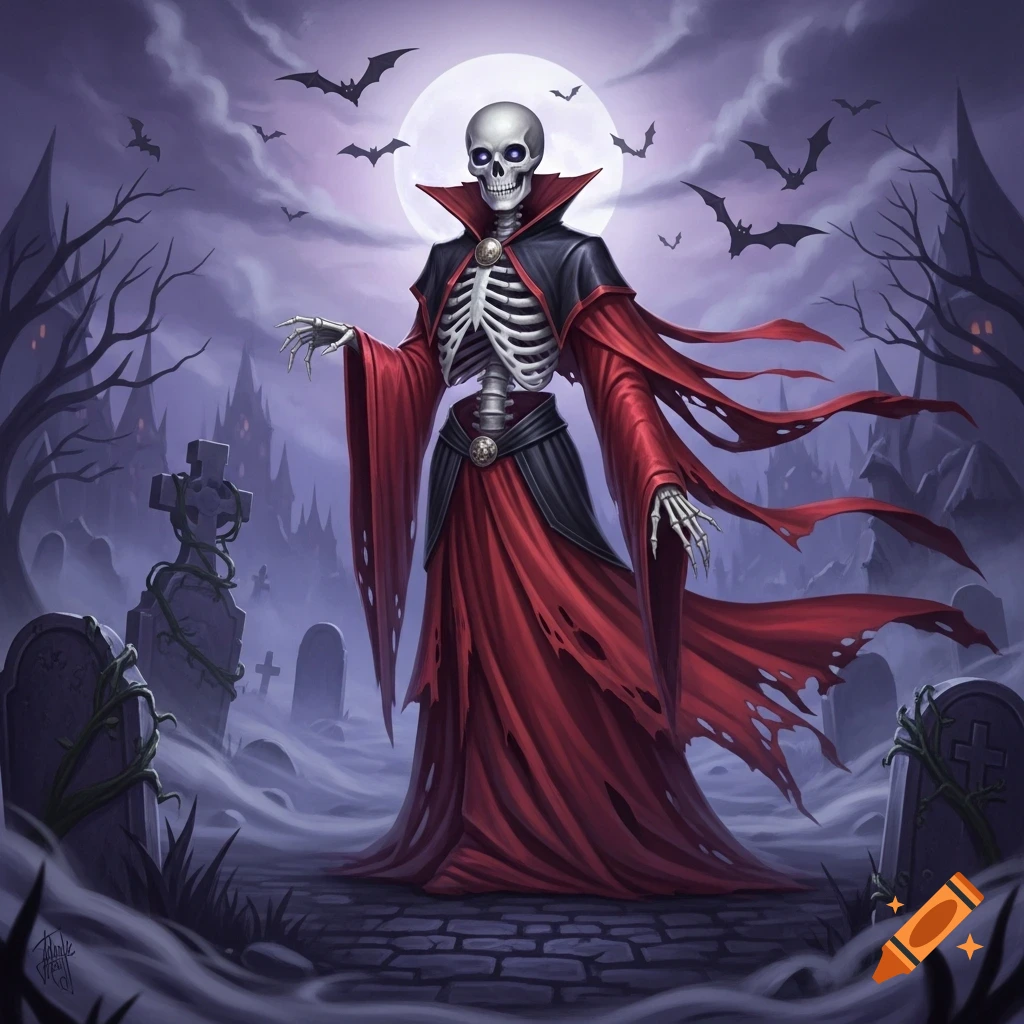 A skeletal Dracula in a red and black robe stands in a misty graveyard with a full moon, bats, and a gothic castle, in a fantasy art style.