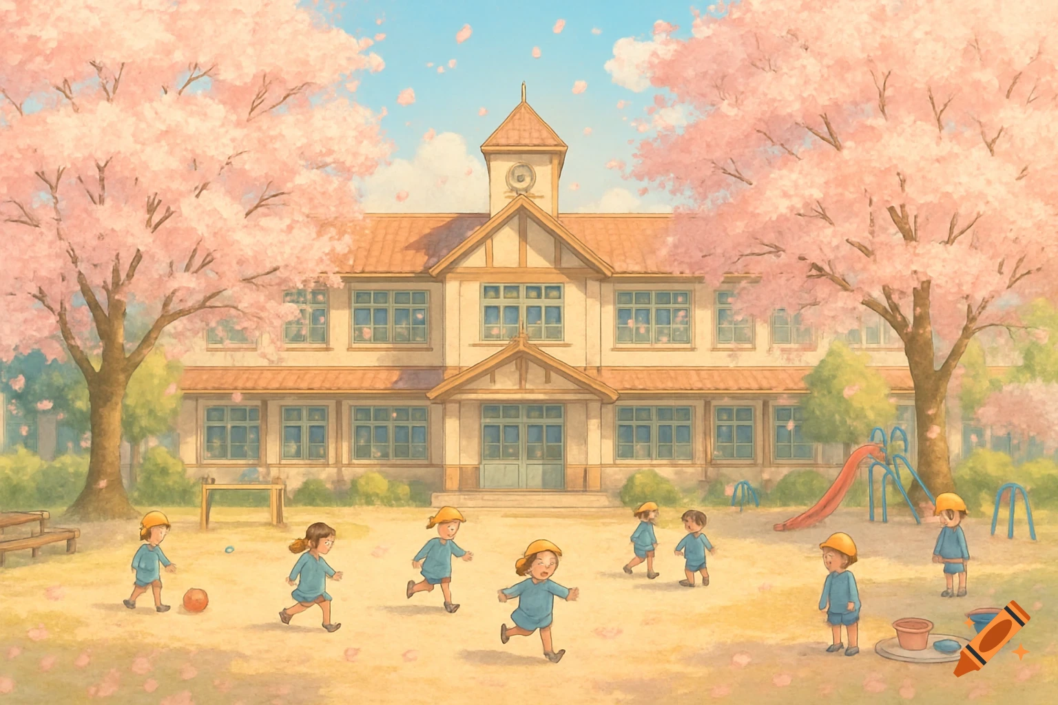Watercolor illustration of children playing outside a Japanese school building under pink cherry blossom trees.