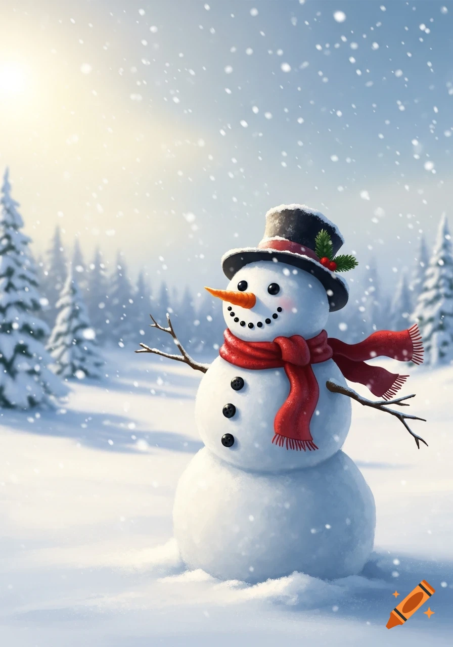 A cheerful snowman wearing a black top hat with holly and a red scarf stands in a snowy forest as snow falls.