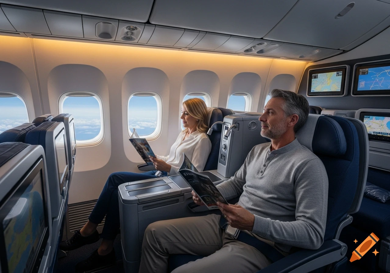 A man and a woman in business class seats on a jumbo airplane, looking out windows and reading magazines.