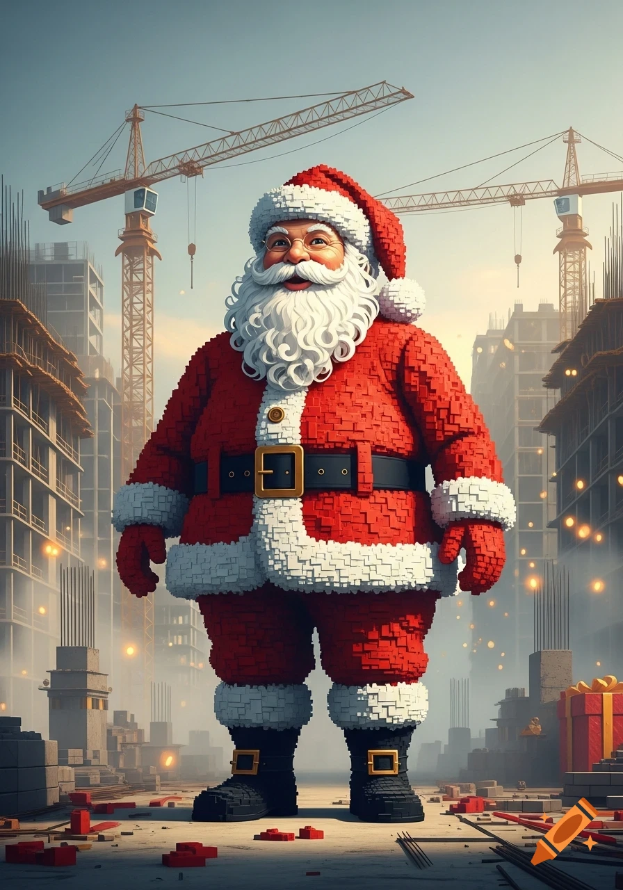 A large Santa Claus figure made of red and white bricks stands in a construction site with cranes.