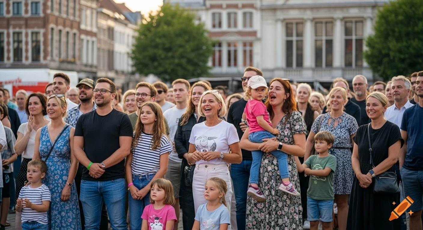 A diverse crowd of people, including families and children, enjoy an outdoor concert in a city square during a warm golden hour evening.