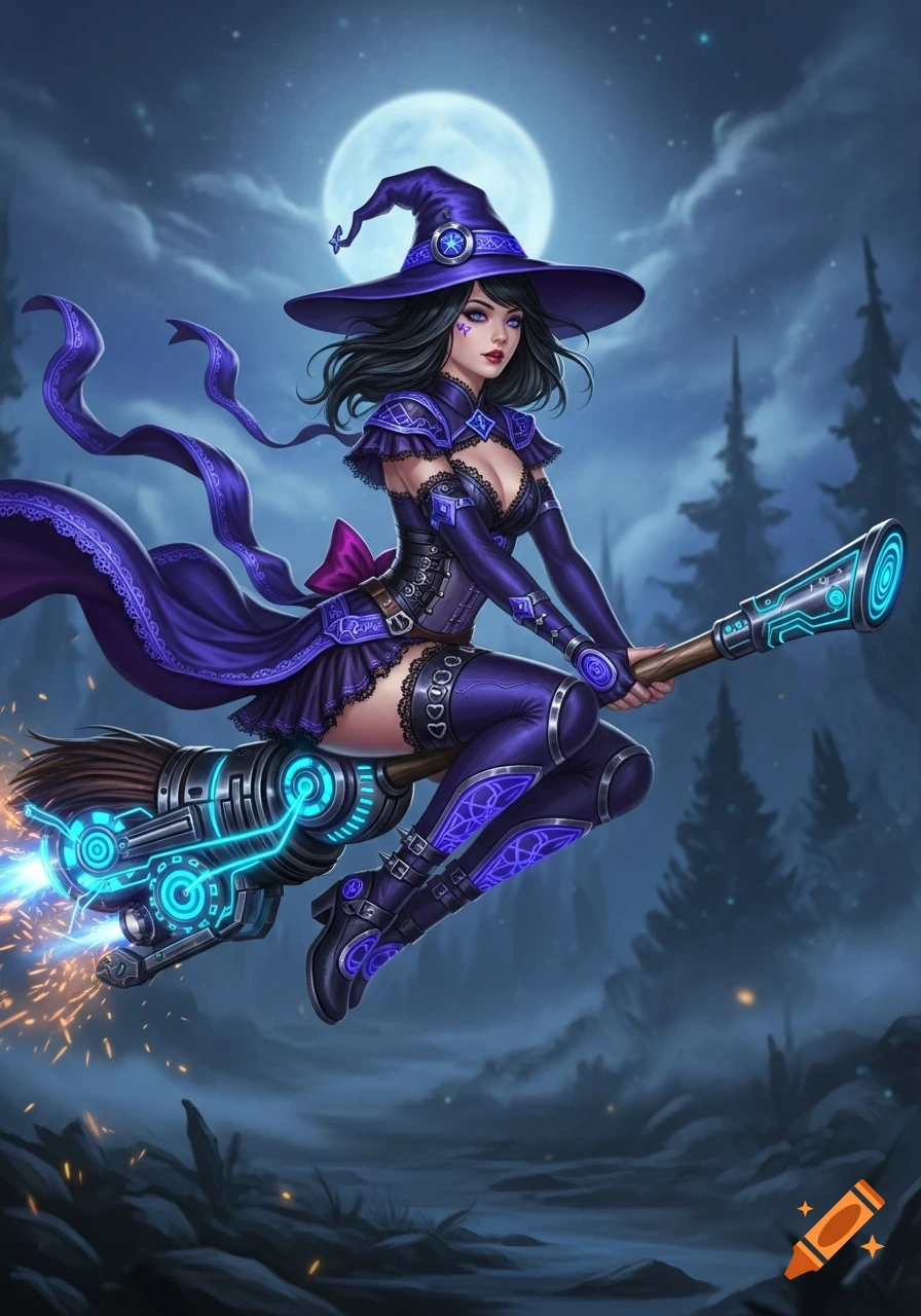 A techno witch in a purple outfit flies a glowing mechanical broom under a full moon in a mystical night forest.