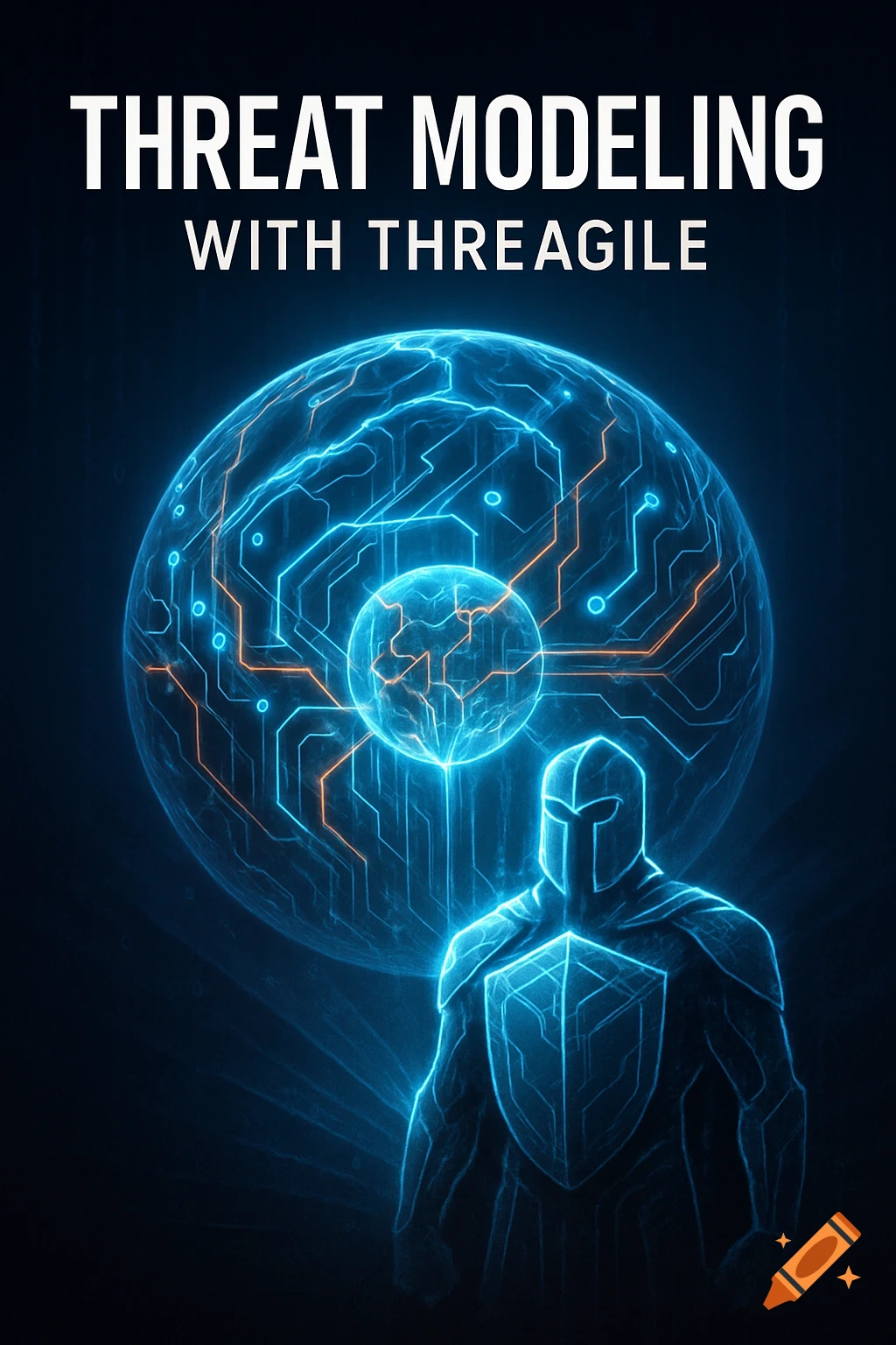 Stylized blue glowing knight with a shield standing before two interconnected circuit-patterned spheres. Text: 'THREAT MODELING WITH THREAGILE'.