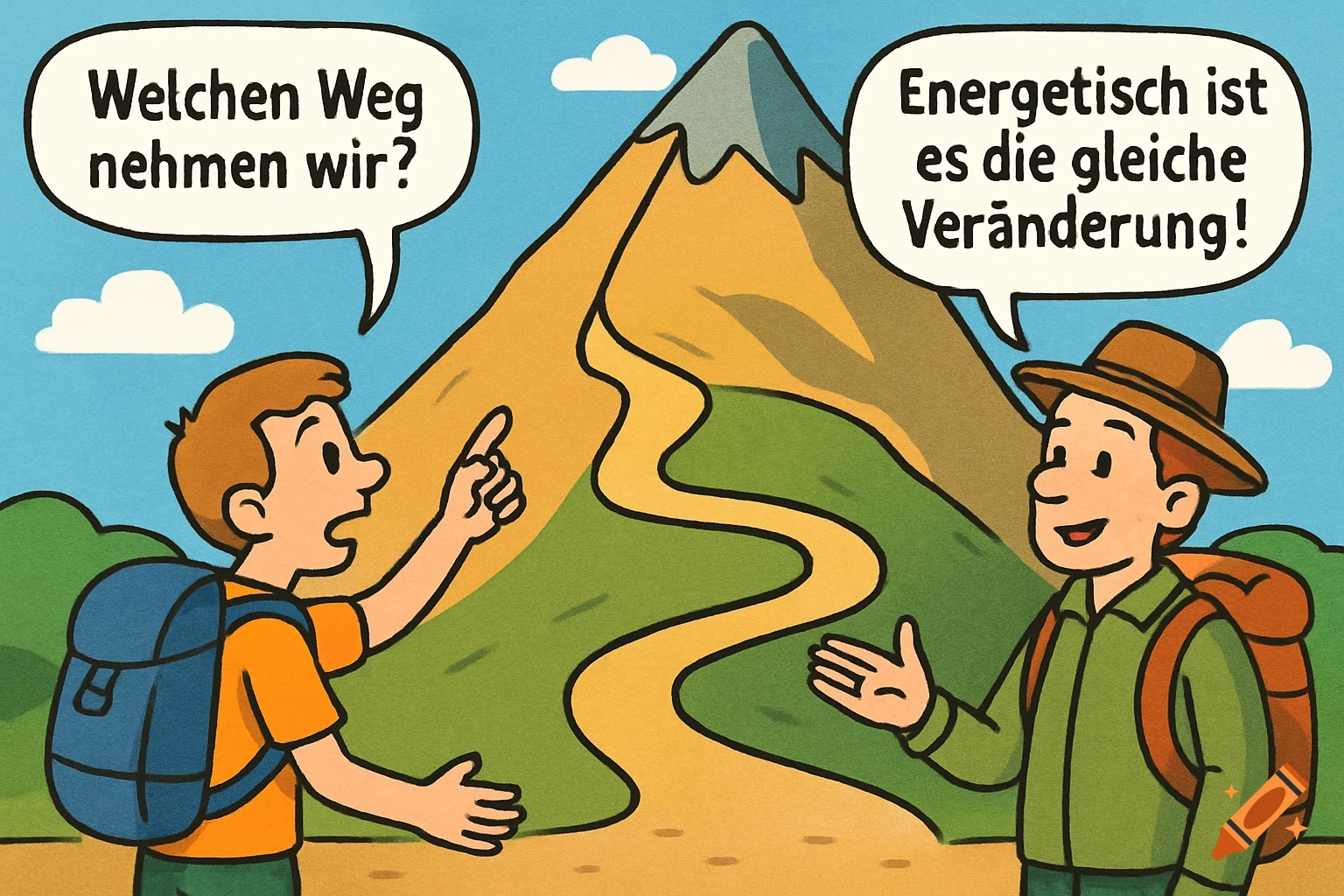 Two cartoon hikers discuss which path to take up a mountain, with one stating it's 'energetically the same change'.