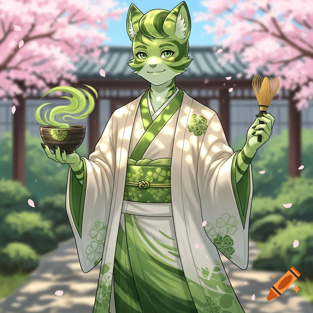 Green feline anthropomorphic character in a kimono holding a matcha bowl and whisk in a Japanese garden with cherry blossoms.