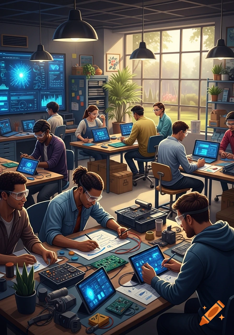 Diverse group of people working in a hands-on engineering lab workshop with computers and circuit boards.