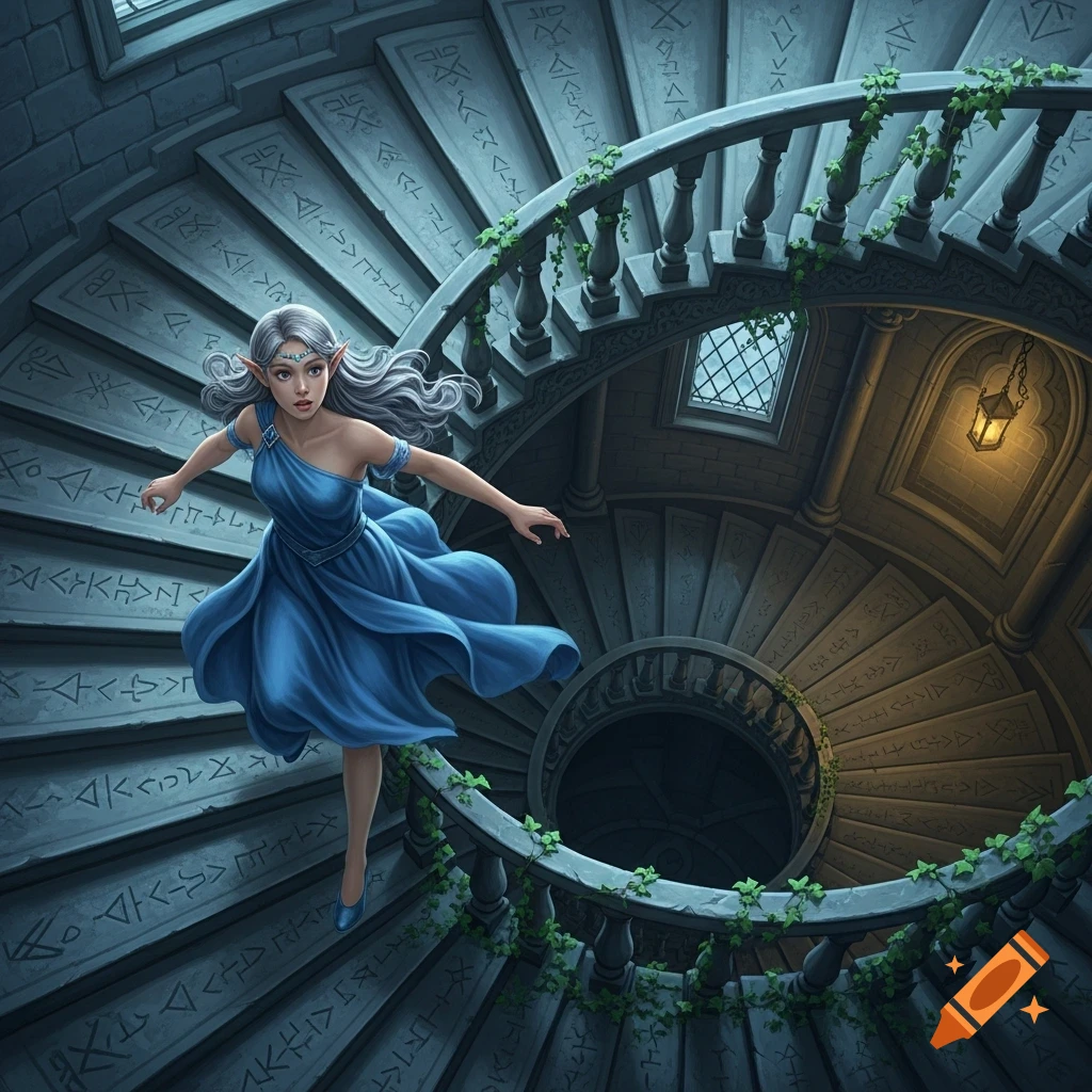 An elf girl in a flowing blue dress runs down an ornate stone spiral staircase covered in runes and ivy, fantasy art.