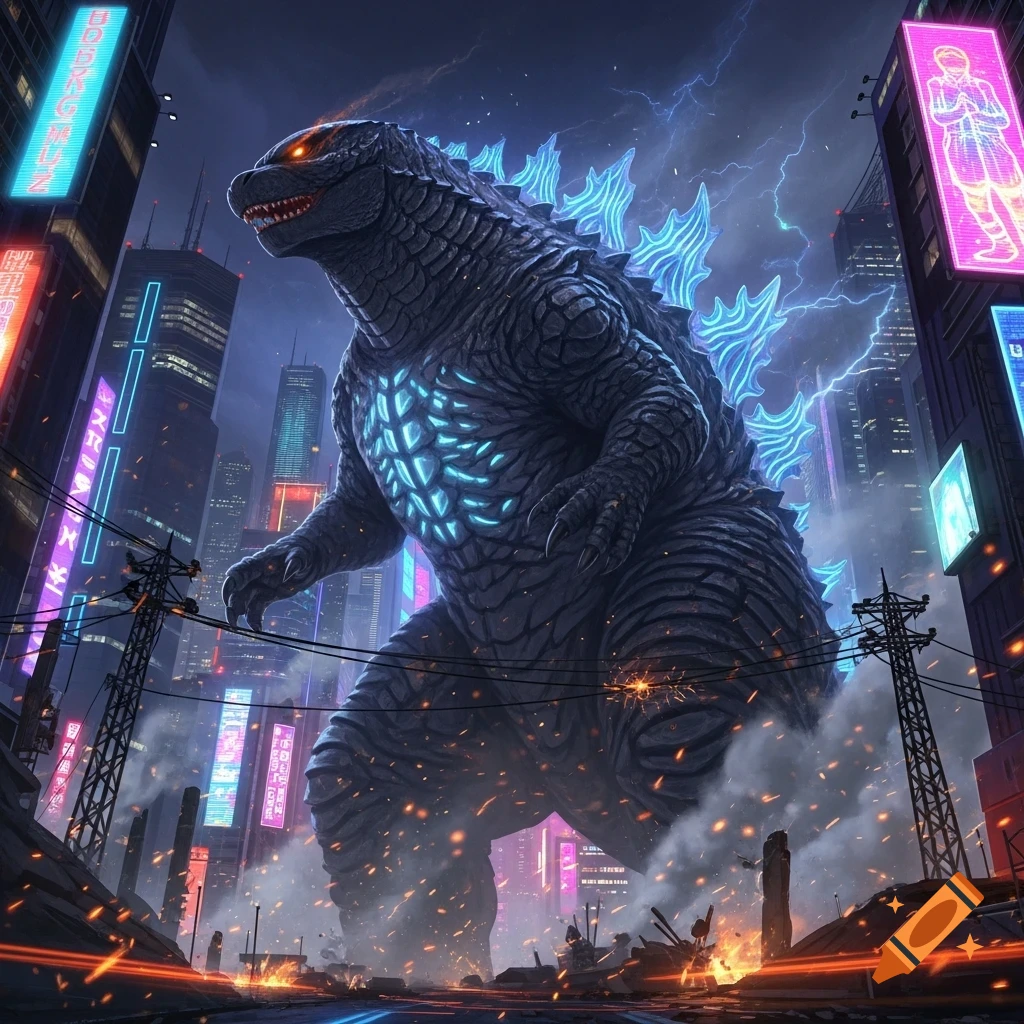 Godzilla with glowing blue spines and chest stands menacingly in a neon-lit city at night, with debris and explosions on the street.