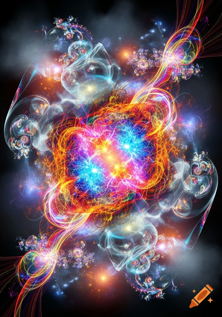 Vibrant, intricate fractal artwork with swirling, glowing lines of red, orange, blue, purple, and pink on a dark background.