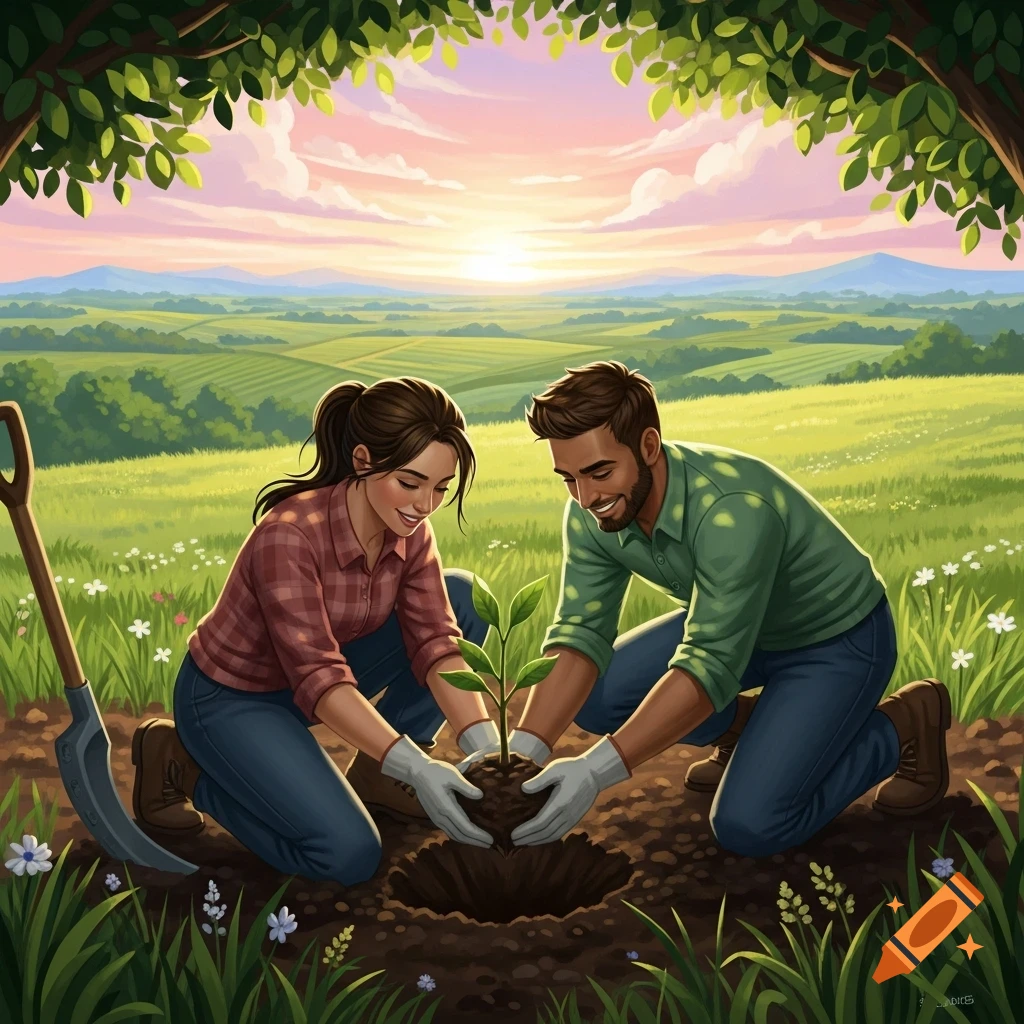 A man and woman, in a vibrant illustration, plant a tree seedling in a lush field at sunset.