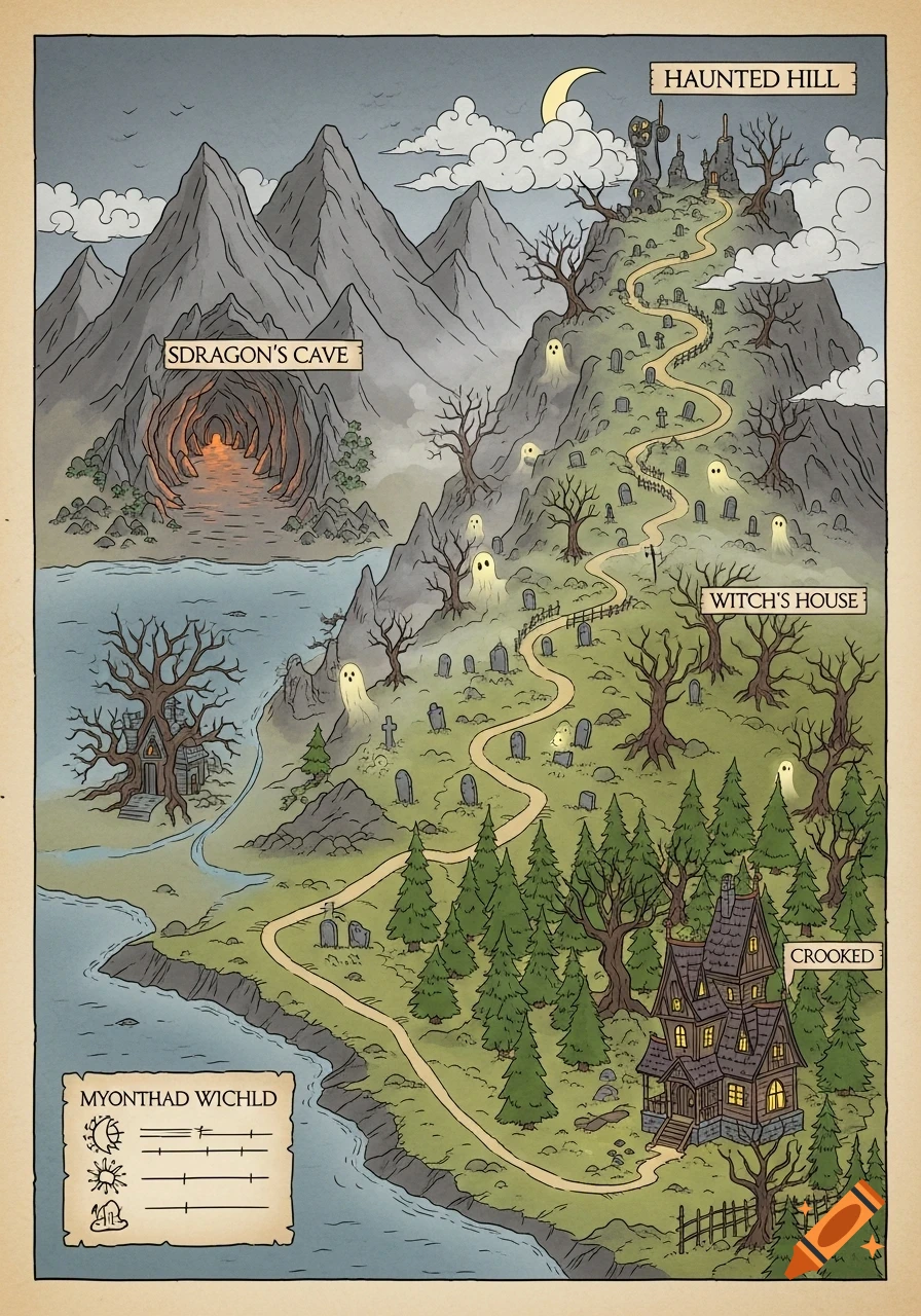 A stylized fantasy map featuring a haunted hill with a winding path, a witch's house, a dragon's cave, and a