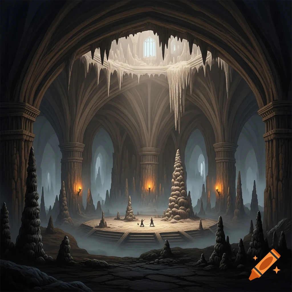 A dark, cavernous fantasy lair with gothic arches, sunlight filtering through a high window, and glowing torches. Two small figures stand on an octagonal platform amidst many stalagmites and mist.