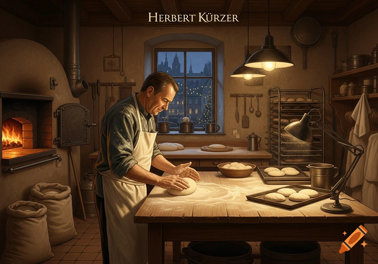 Detailed illustration of a baker kneading dough in a warm, dimly lit traditional bakery with a wood-fired oven.