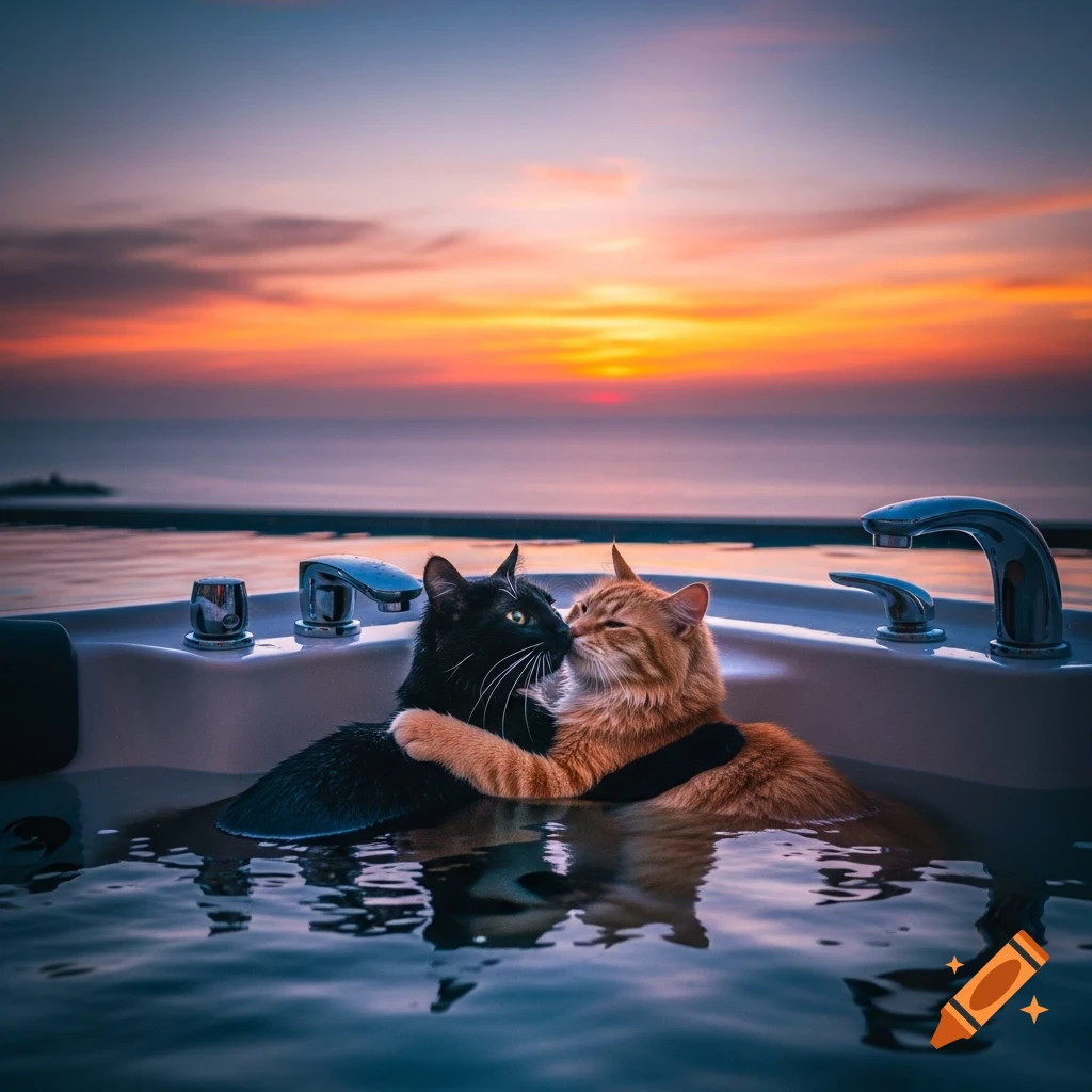 Two cats embracing in a hot tub at sunset with a sea view, photorealistic style.