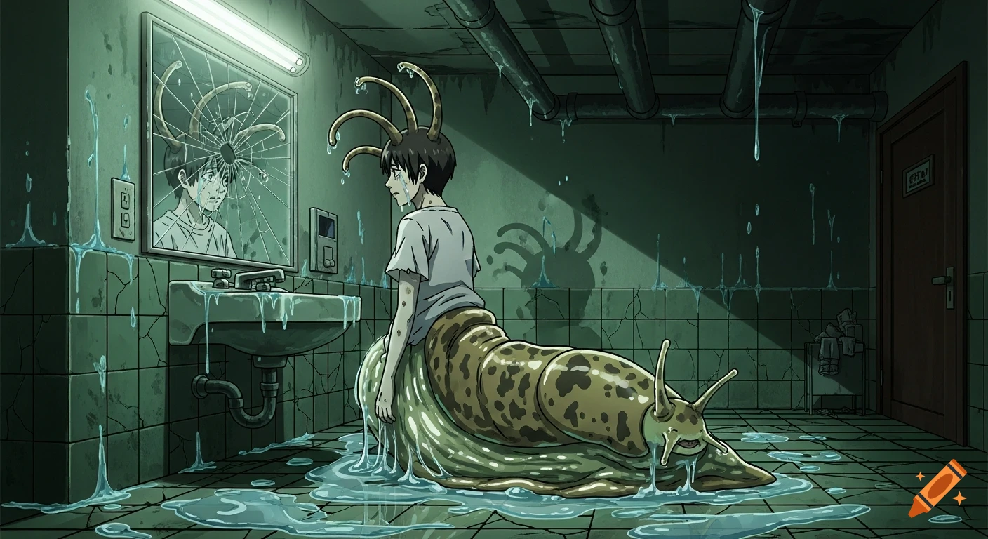 An anime character, half human and half giant slug with head tentacles, cries in a gloomy, slimy bathroom while looking at their reflection in a cracked mirror.