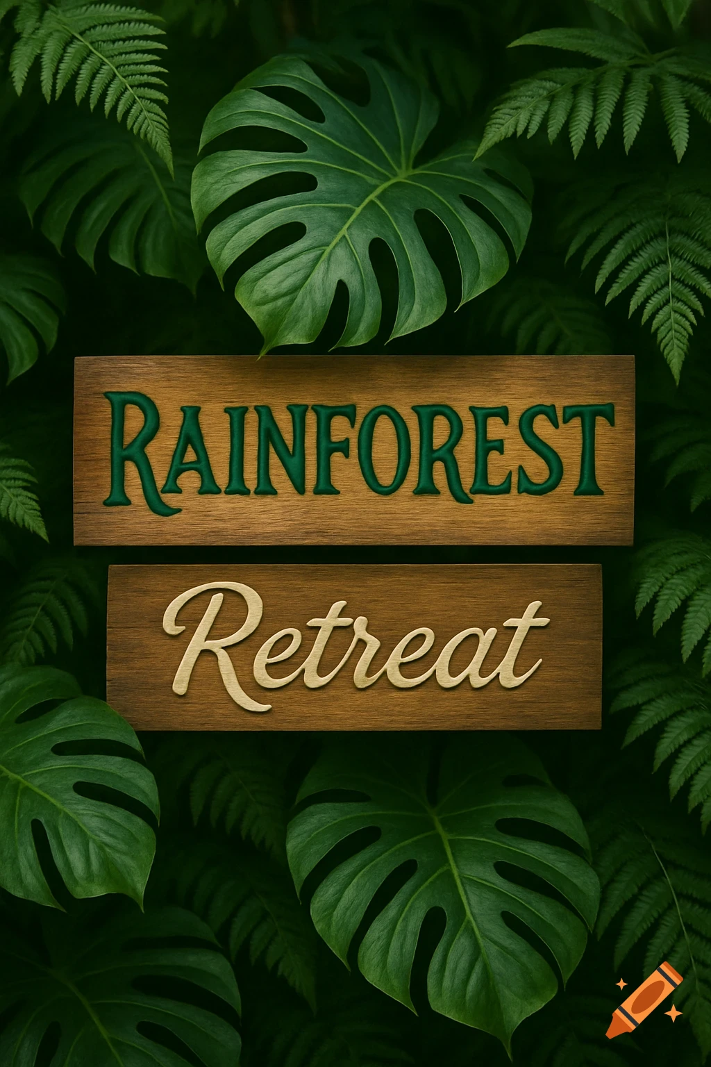 A photorealistic image of two stacked wooden signs reading 'RAINFOREST Retreat' surrounded by lush green monstera and fern leaves.