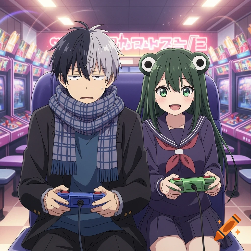 An anime boy and girl play video games at a neon-lit arcade. The boy has a tired expression, while the girl with frog-like features smiles brightly.