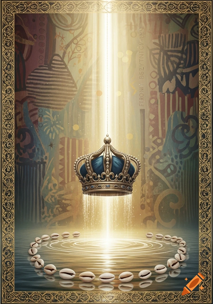 A regal blue and gold crown floats above a calm pool of water, illuminated by a golden light beam, surrounded by cowrie shells. The background features muted, abstract patterns, all framed by an ornate border in a spiritual, Yoruba-inspired style.