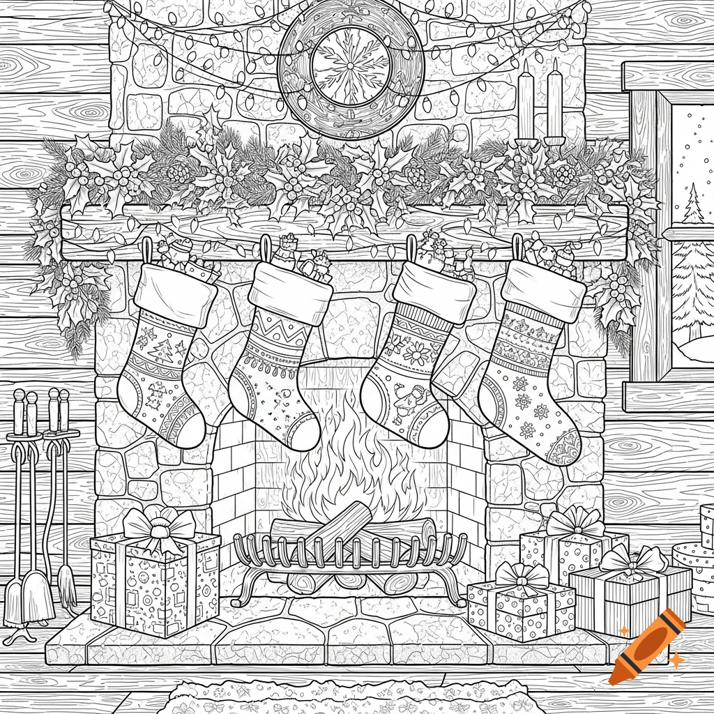 Black and white coloring page of a festive Christmas fireplace in a cabin, adorned with garlands, stockings, presents, and a snowy window view.