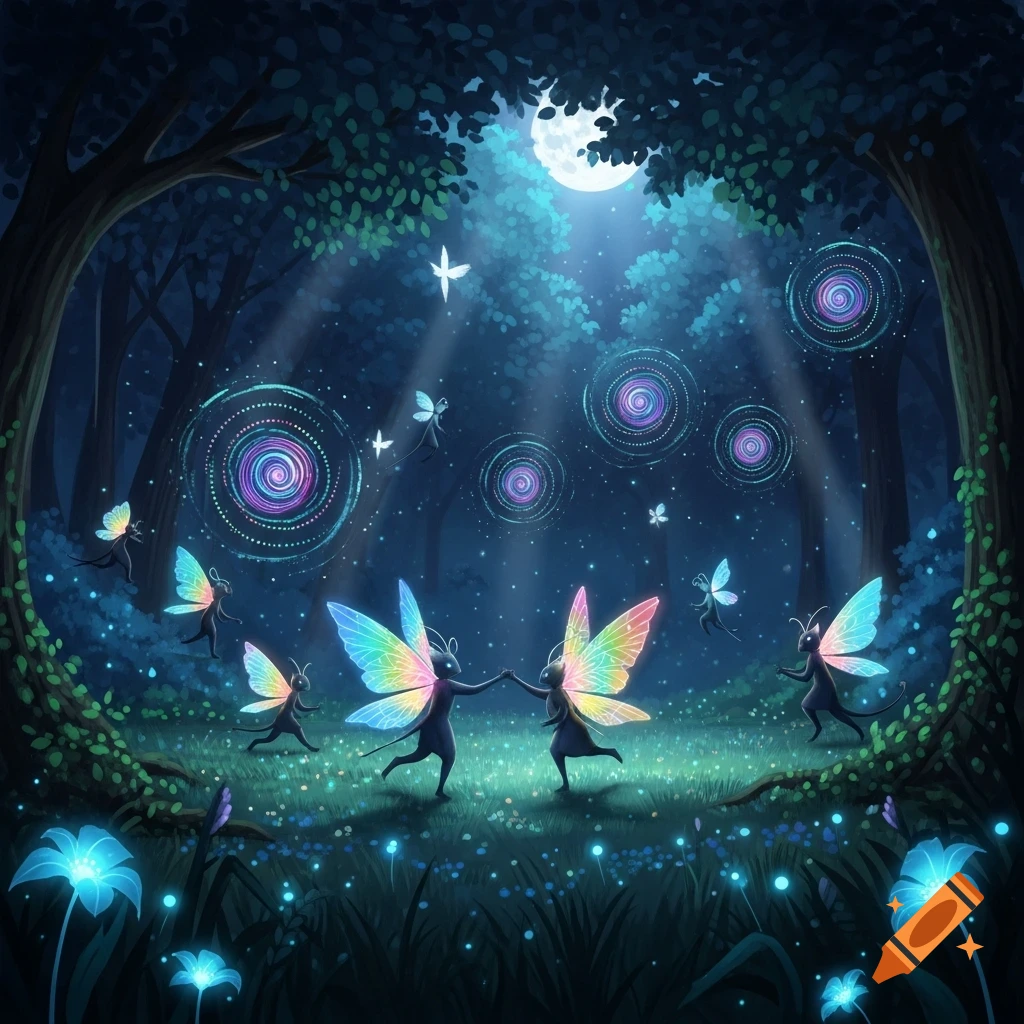 Moonlit magical forest with dark fairies having rainbow wings dancing among glowing blue flowers and swirling orbs.