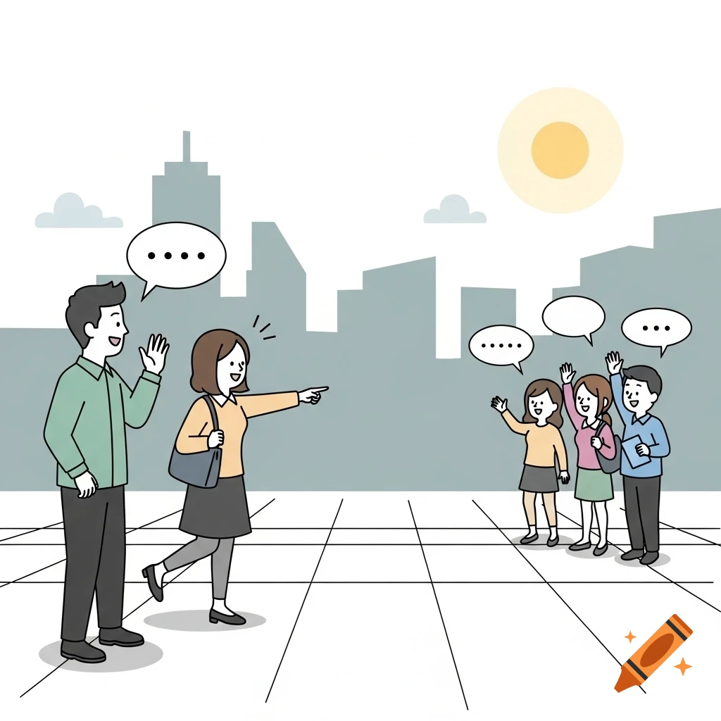 Minimalist comic illustration of a woman pointing to a group of waving friends, with a man beside her in a city scene.