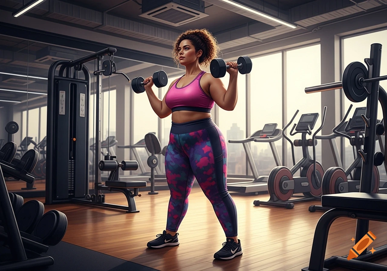 A strong woman in a pink sports bra and patterned leggings lifts dumbbells in a modern gym.