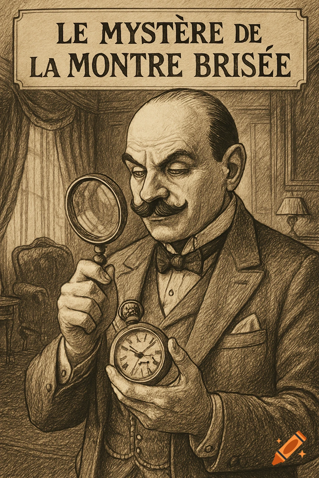 Sepia-toned illustration of a detective-like man with a mustache, holding a magnifying glass and a pocket watch. A title banner reads 'LE MYSTÈRE DE LA MONTRE BRISÉE'.