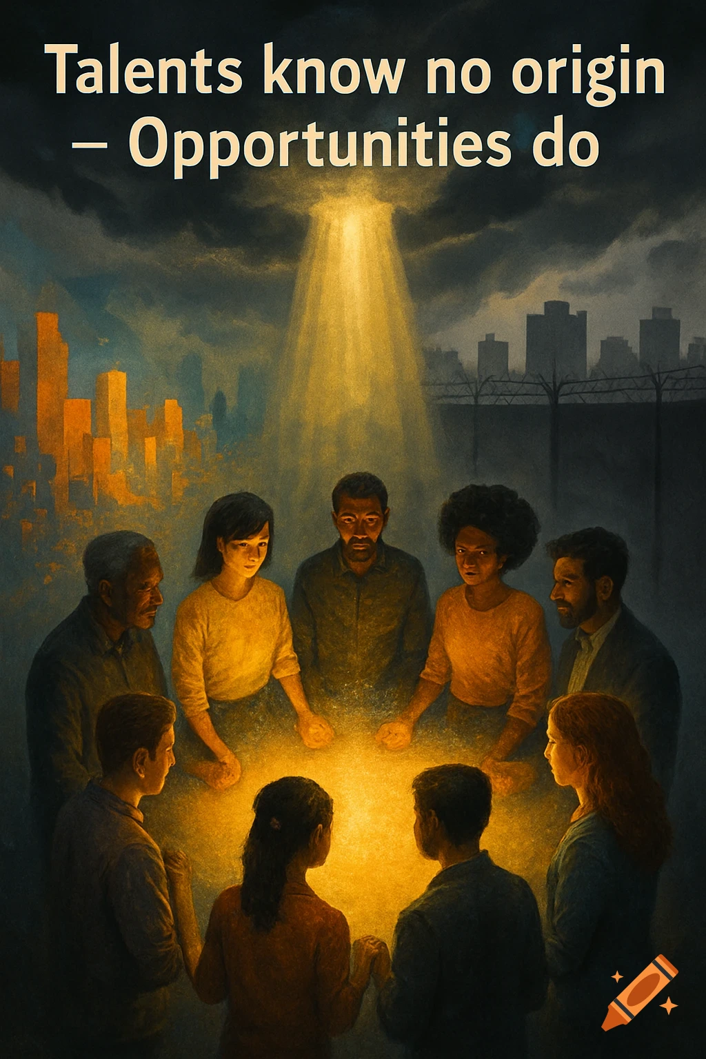 Diverse group of people illuminated by a central light, with urban skylines, under text: Talents know no origin – Opportunities do