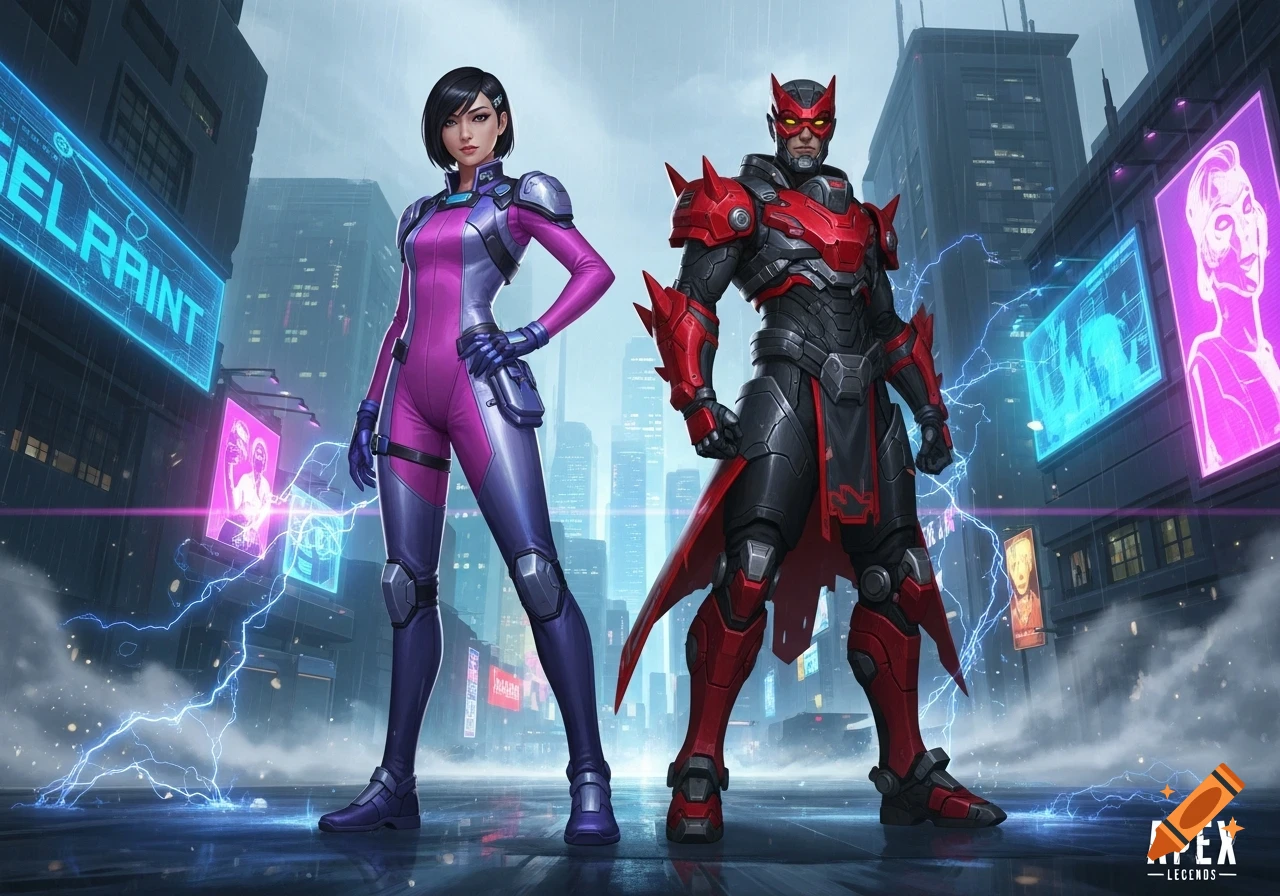A female character in a pink and purple suit and a male character in red and black armor pose in a rainy futuristic city, comic book art style.
