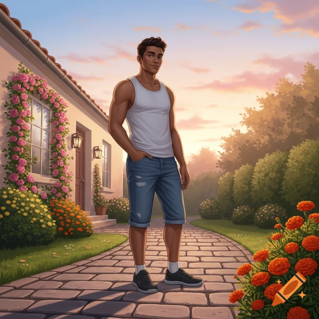 A young man in a white tank top and denim shorts stands on a stone path in a lush garden with a rose-covered house at sunset.