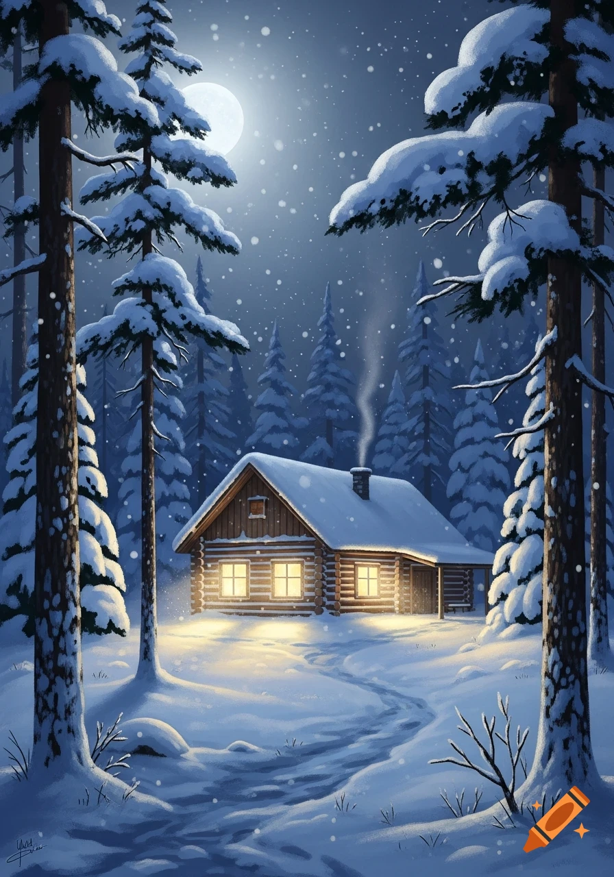 Moonlit snowy forest with a cozy, lit-up log cabin and a winding path, digital painting style.