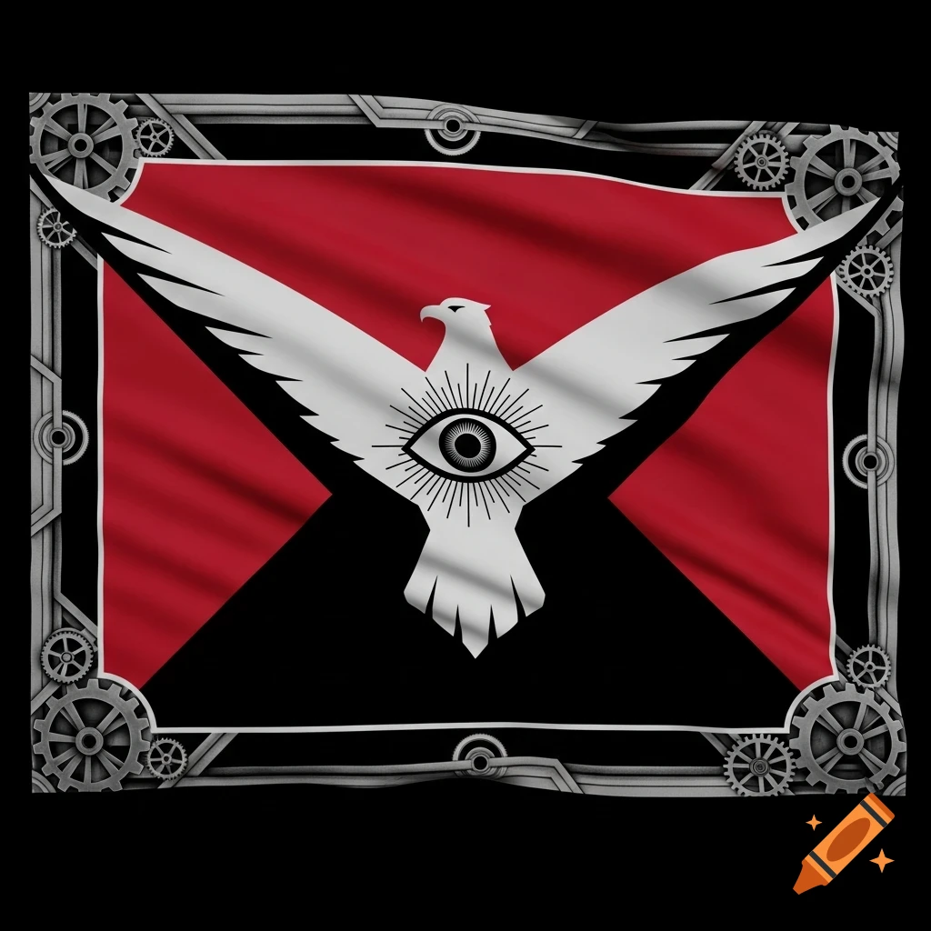 A flag featuring a white eagle with an all-seeing eye on a red and black background, framed by metallic gears.