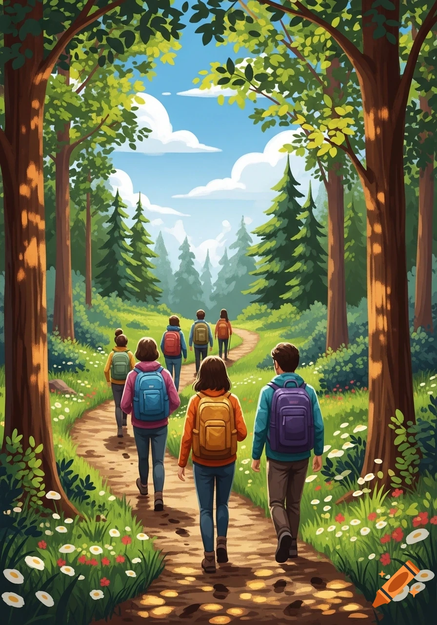 A group of people with colorful backpacks hike along a winding dirt path through a vibrant green forest, seen from behind in an illustration style.
