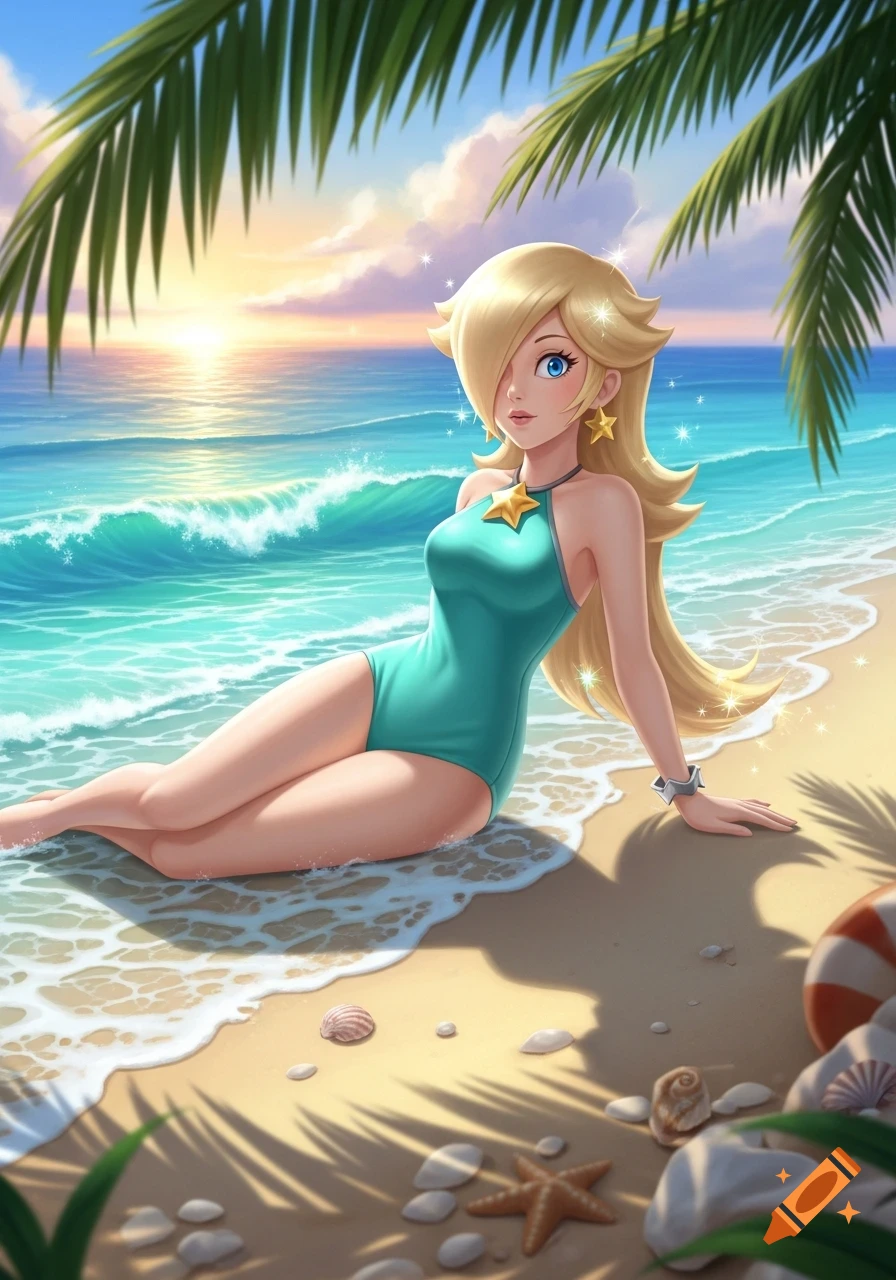 Anime style Rosalina in a teal bathing suit sitting on a sandy beach with ocean waves, palm trees, and a sunset in the background.