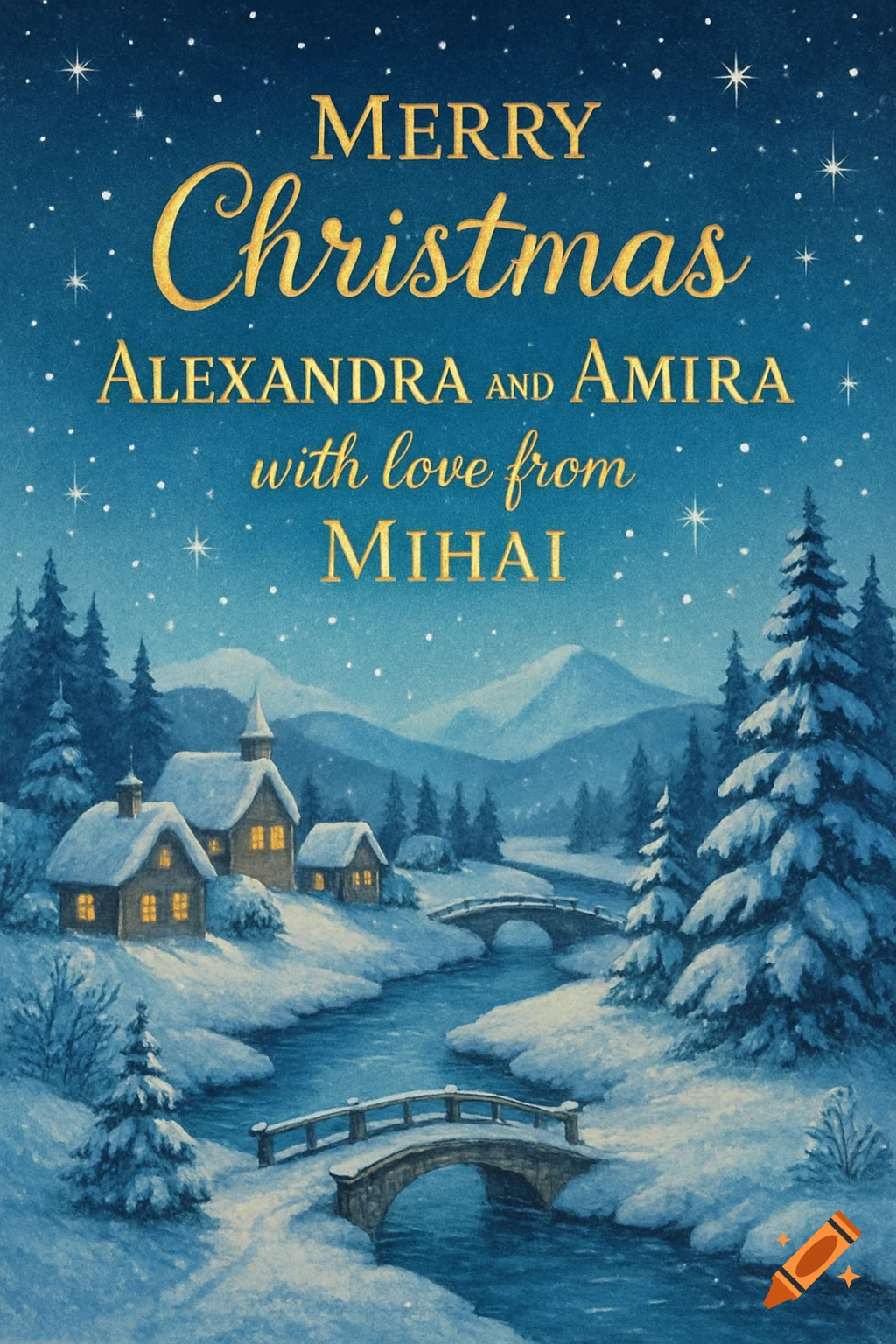 A painted Christmas card with a snowy village and river under a starry sky. Text reads 'Merry Christmas Alexandra and Amira with love from Mihai'.
