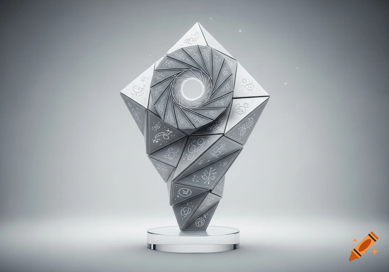 A silver-white geometric trophy with a swirling center, composed of triangular facets engraved with abstract glyphs, on a clear pedestal against a light grey background.