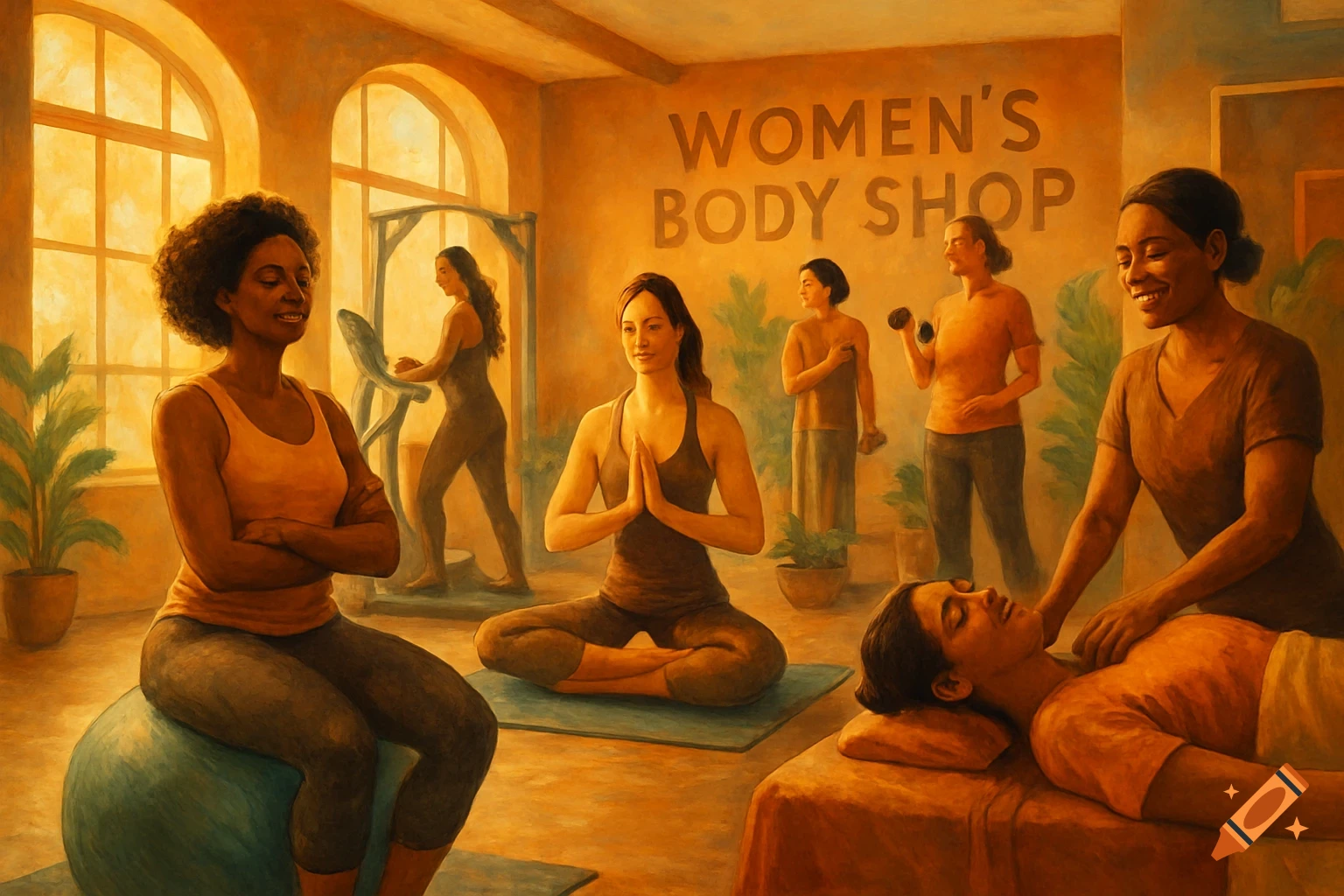 Painterly scene of women exercising and receiving a massage in a 'WOMEN'S BODY SHOP' fitness center.