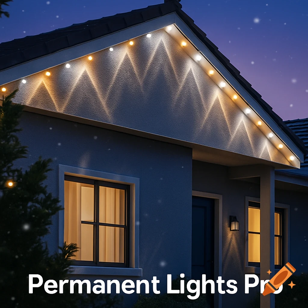 A house at night with warm and cool white permanent lights installed under the eaves, creating triangular patterns on the wall below, with falling snow.