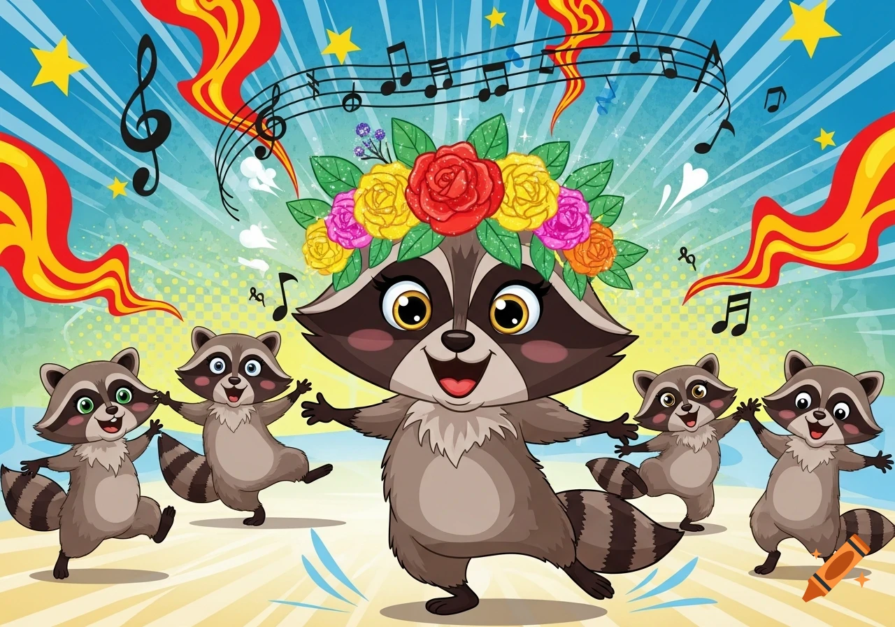 Five cartoon raccoons are joyfully dancing in a vibrant, comic-style world filled with musical notes and stars. The central raccoon wears a colorful flower wreath.