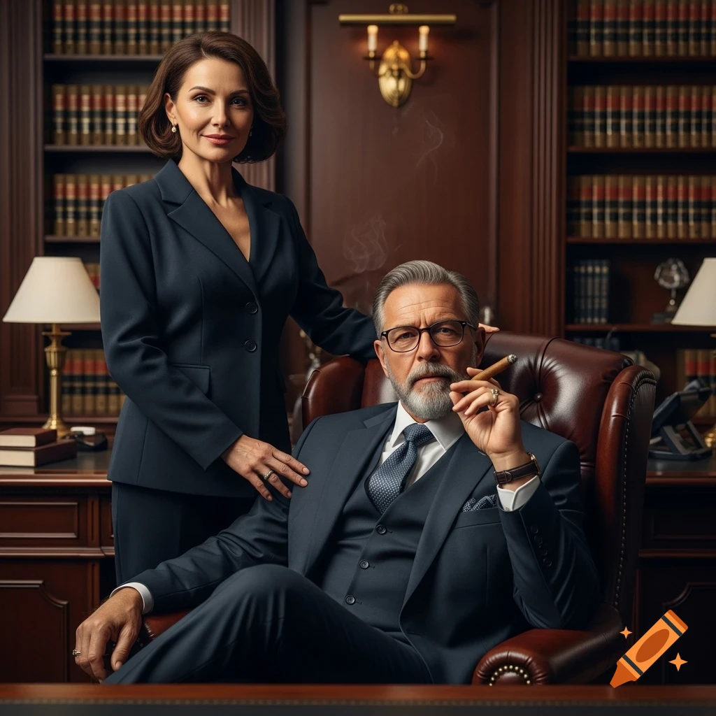 Photorealistic image of a man and woman in formal suits posing in a luxurious law office, man holding a cigar.
