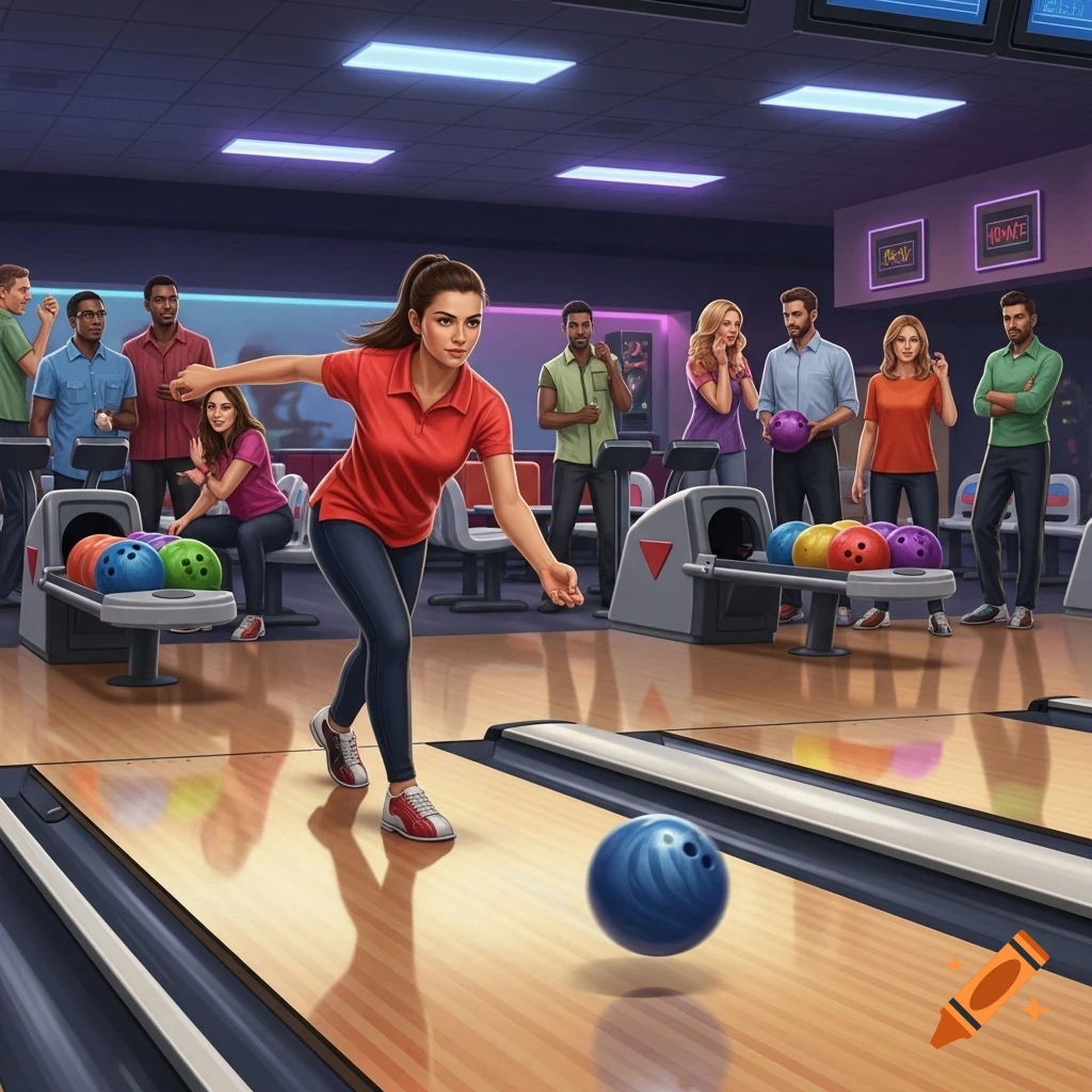 A woman bowls a blue ball down a lane in a bowling alley, watched by a group of people in the background, in an illustrative style.