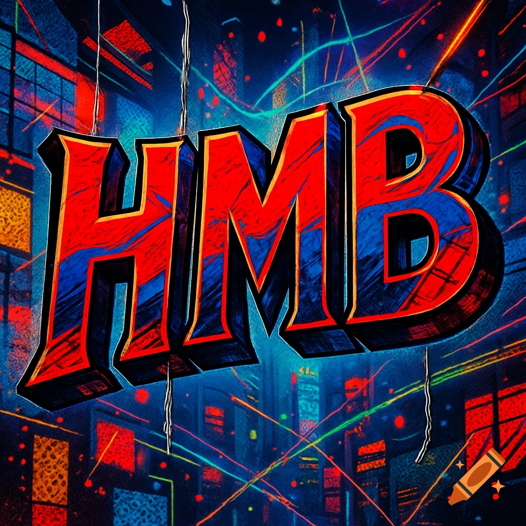 Stylized red and blue 3D letters "HMB" with a dark, neon-lit cityscape background in a comic book art style.