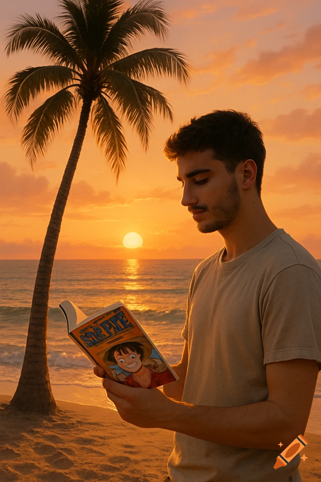 A man reads a manga on a beach at sunset, with a palm tree in the background.