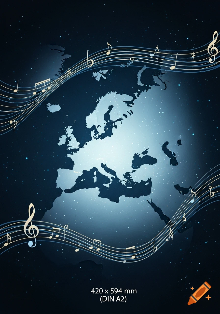 Illustration of a glowing light blue map of Europe on a dark, starry background, with musical staff lines and notes gracefully winding around it.