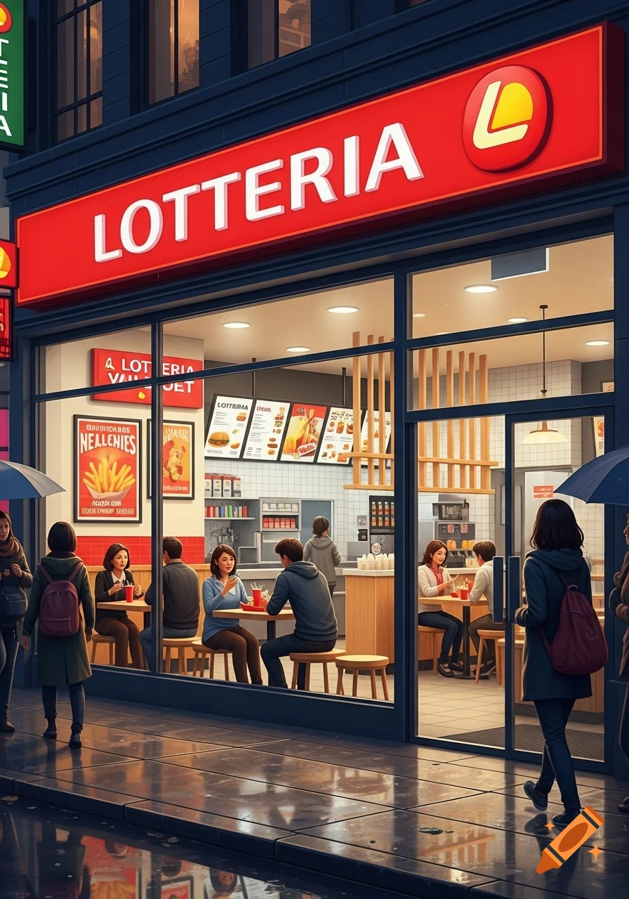An evening street scene of a brightly lit Lotteria fast-food restaurant with people dining inside and walking outside on a wet sidewalk.
