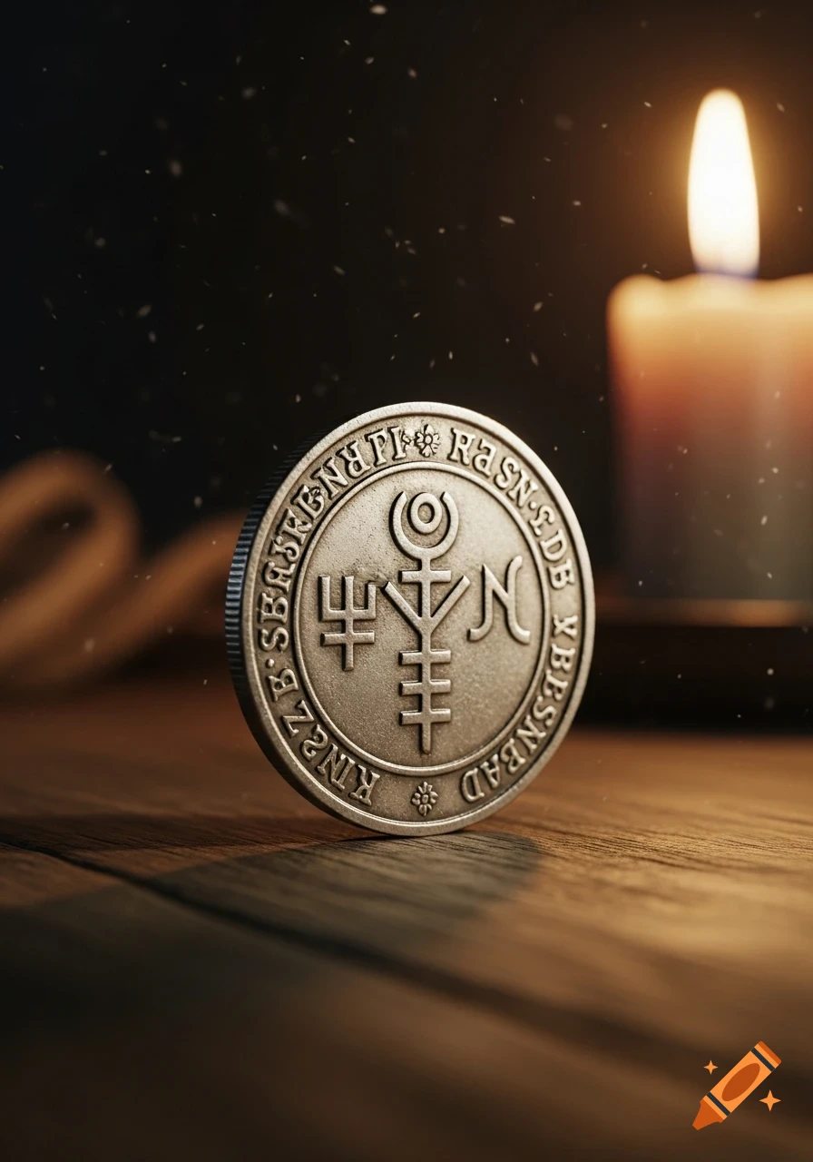Close-up photorealistic shot of an antique silver coin with a central sigil and surrounding ornate, illegible text, illuminated by a blurred candle flame in a dark, dusty setting.