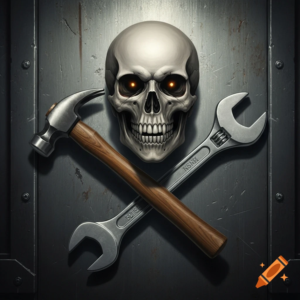 A stylized skull with glowing orange eyes over crossed hammer and wrench on a dark metallic background.