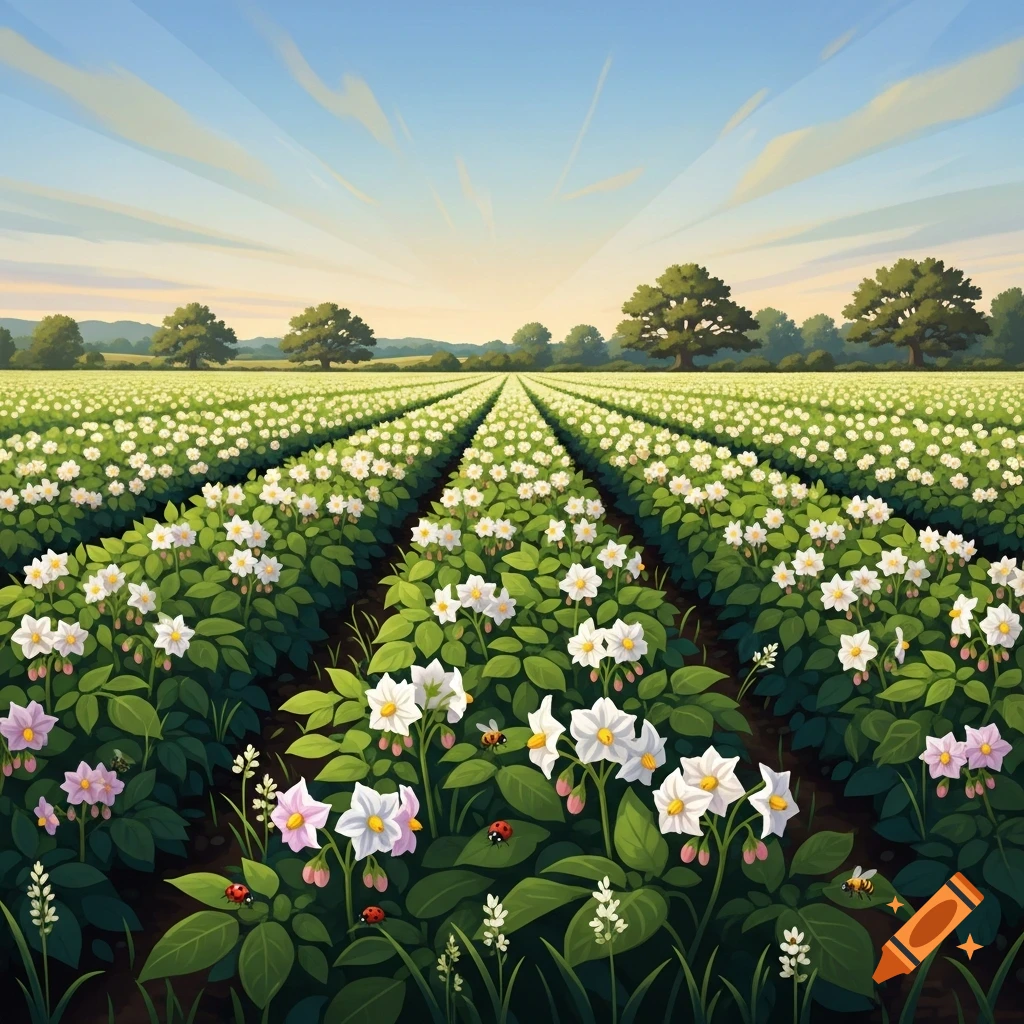 A vast field of flowering potato plants in neat rows under a clear blue sky, with distant trees and small insects among the blossoms.